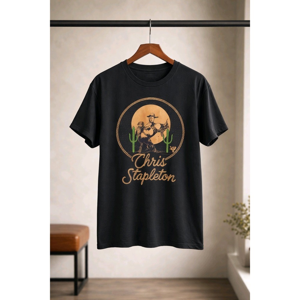 Chris Stapleton Mens XL Black Graphic T-Shirt‎ Cowboy Horse Cactus Country Music